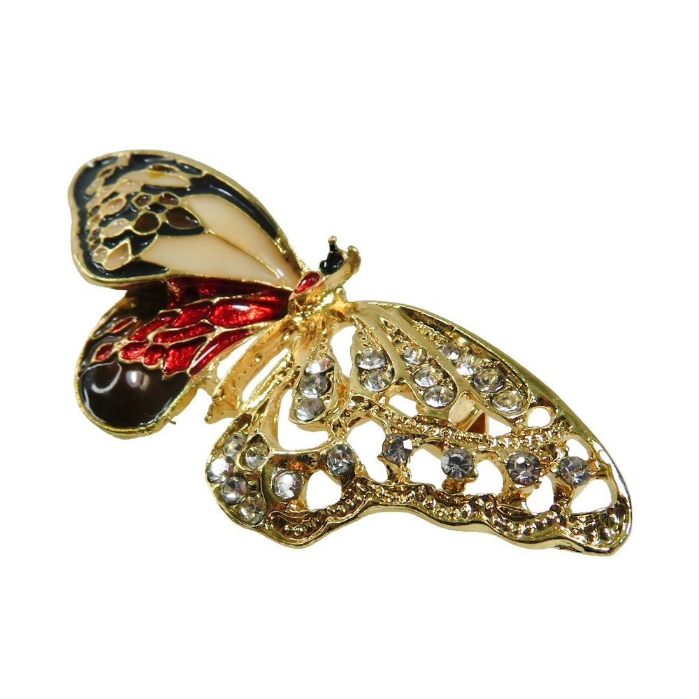 Vintage Goldtone Cloisonné Enamel & Crystal 2" x 3/4" Butterfly Brooch Pin